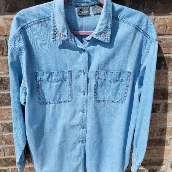 Lizwear Tops - Vintage Lizwear Light Denim Shirt with Rhinestones Size L
